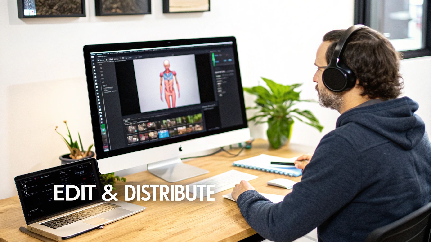 A man in headphones edits a medical training video on a computer, showing a 3D anatomical model.