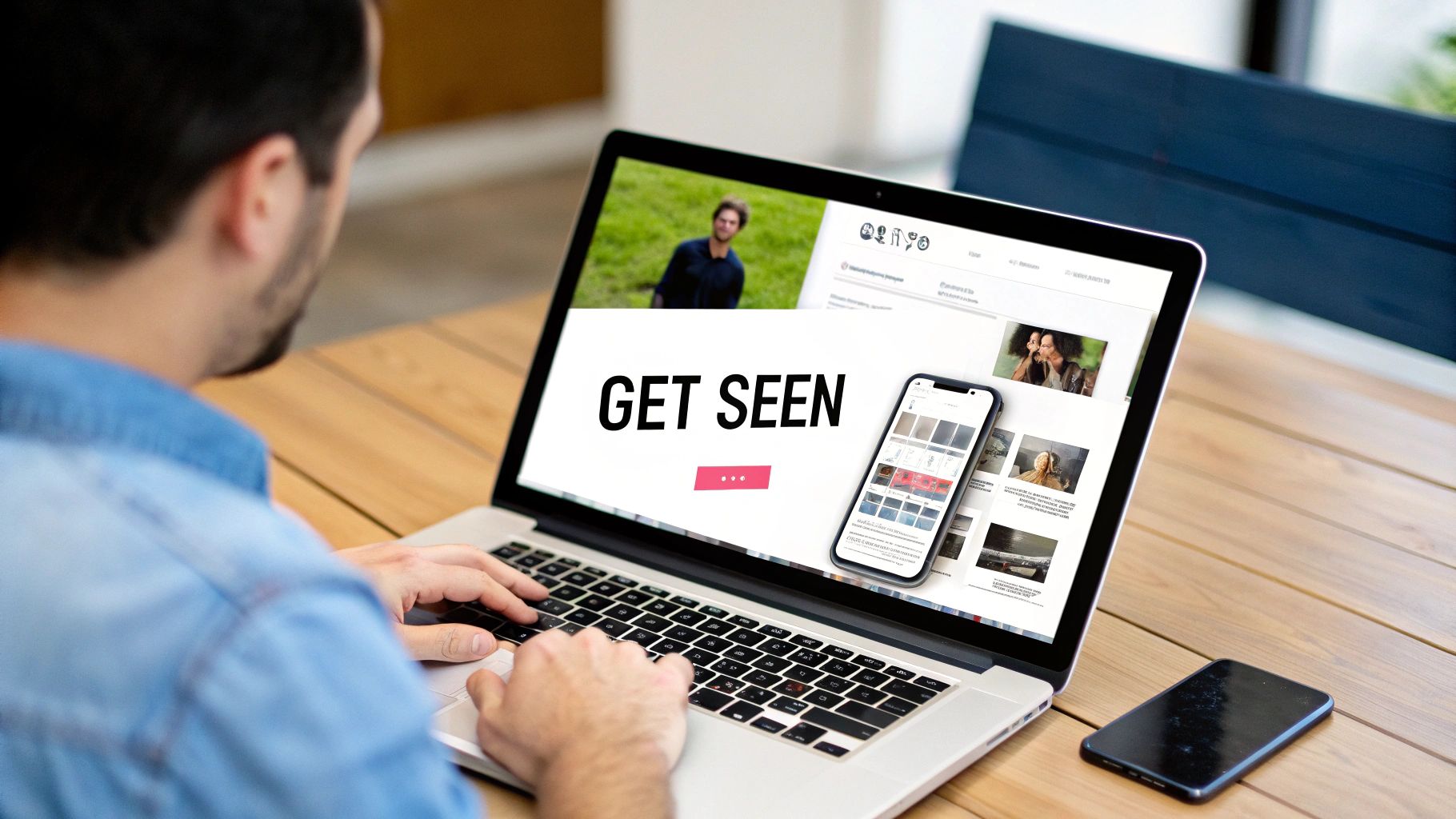 A person types on a laptop displaying a website with "GET SEEN" and a mobile phone on the desk.