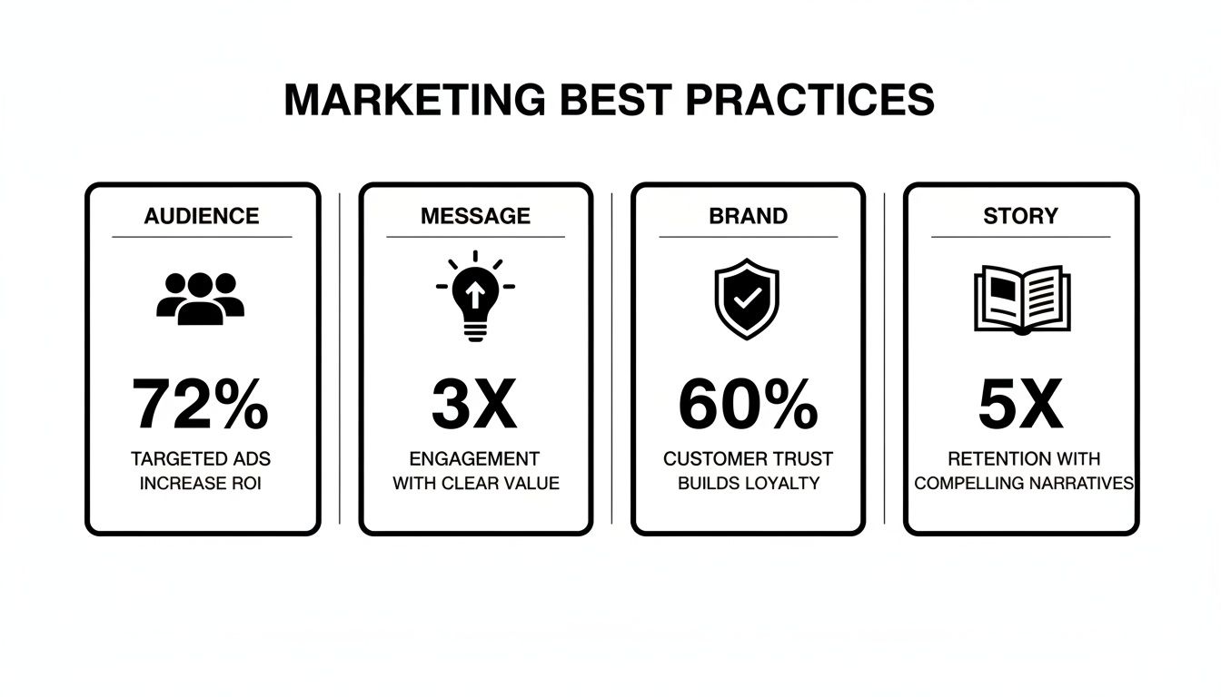 Infographic illustrating marketing best practices for audience, message, brand, and story with key statistics.