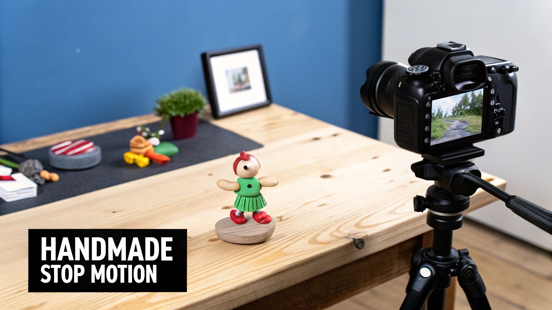 A stop motion animation setup featuring a wooden doll, DSLR camera on a tripod, and various props on a wooden table.