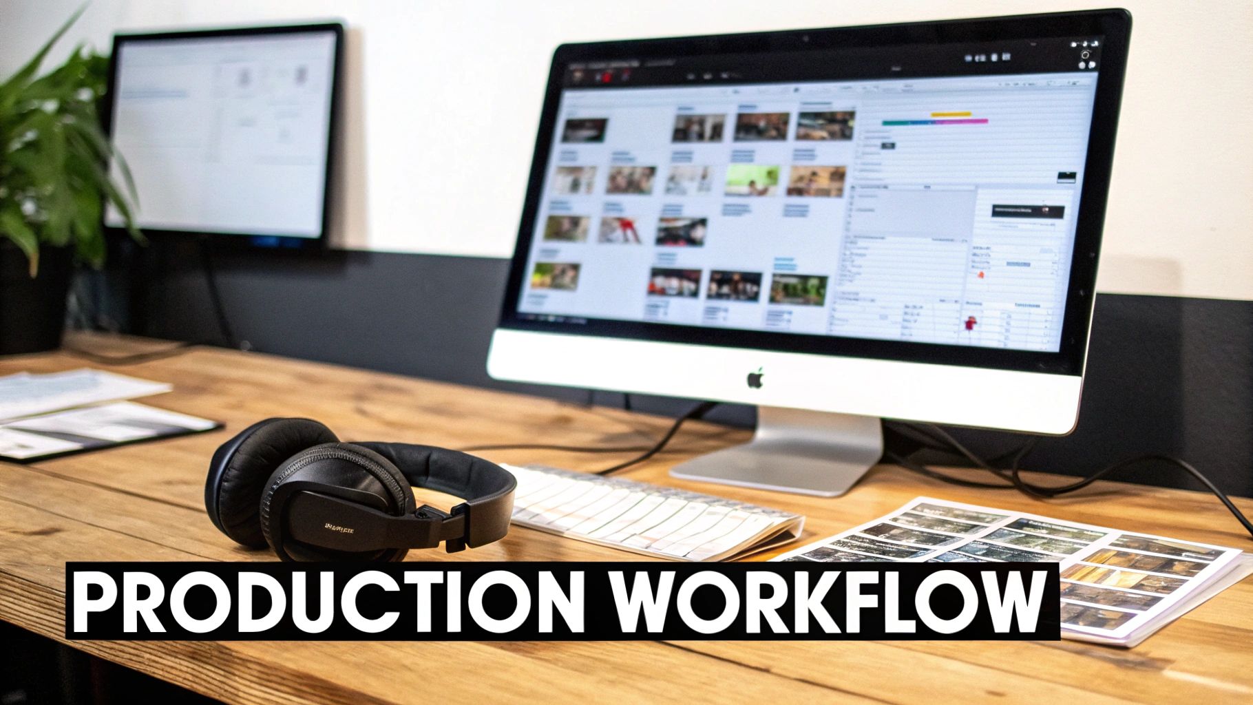 A modern production workflow setup with a Mac computer displaying editing software, headphones, and documents on a wooden desk.
