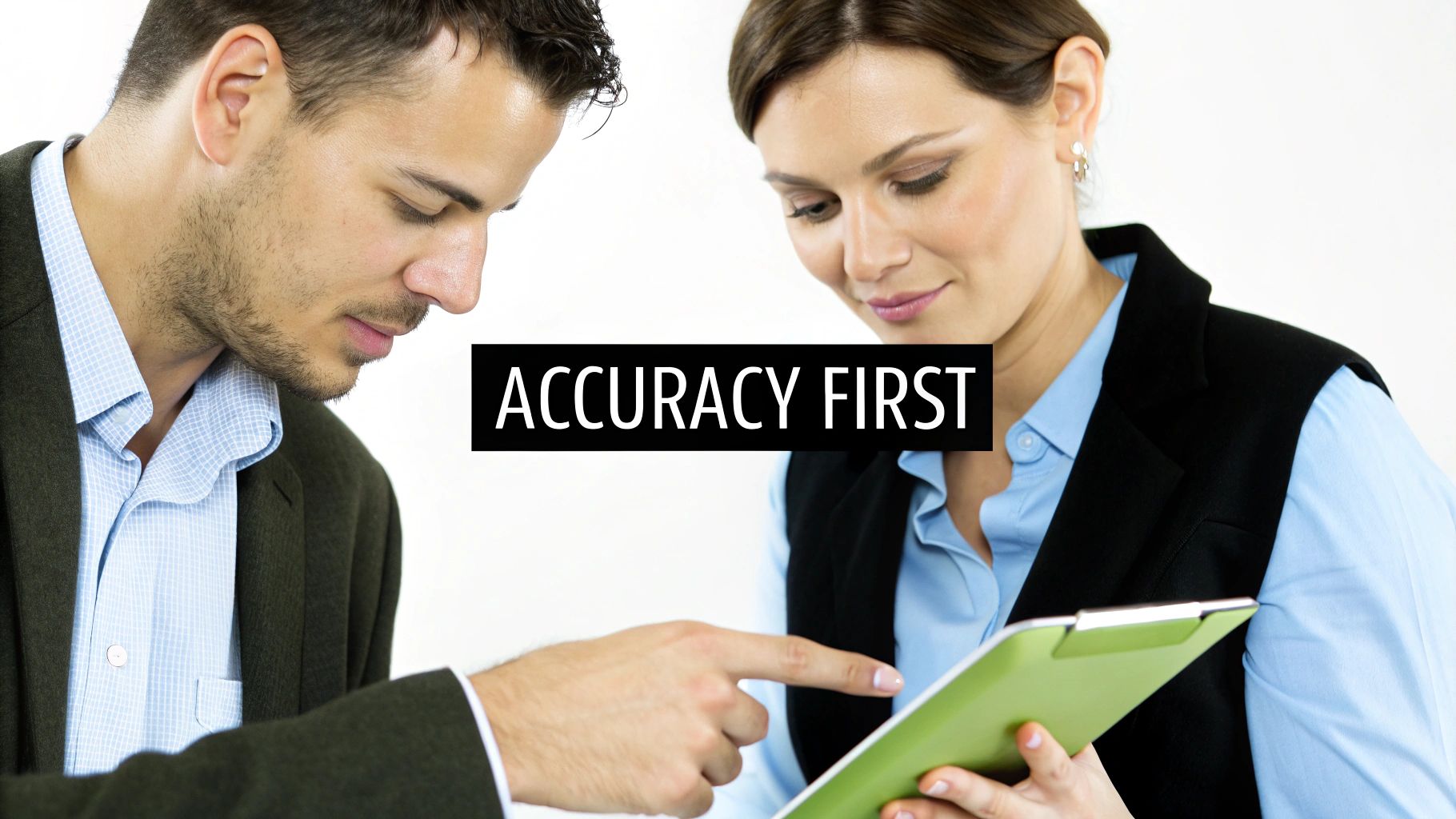 Two professionals, a man and a woman, collaborate, with the man pointing at a clipboard the woman holds.