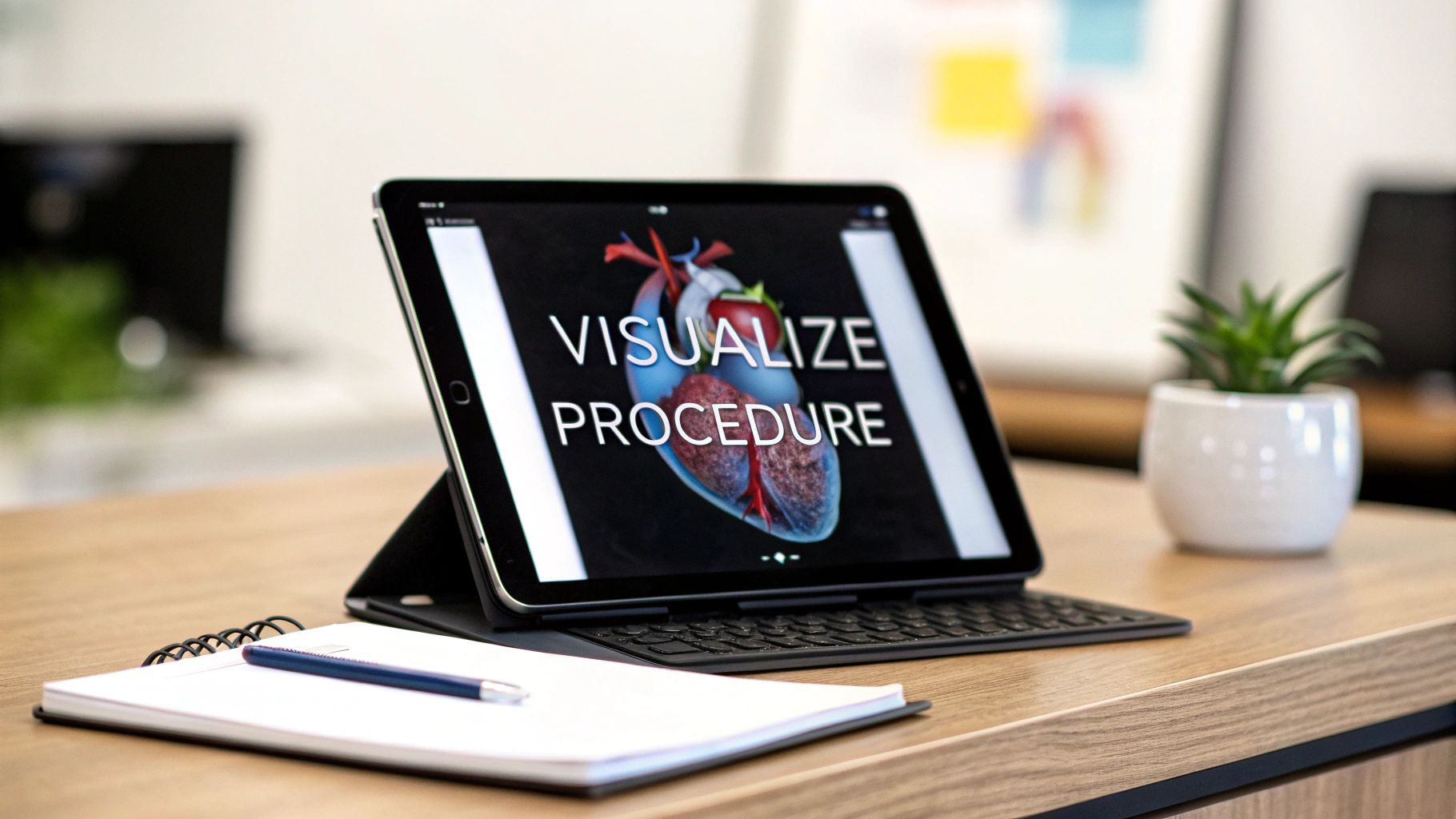 A tablet on a wooden desk displays a 3D animated heart and the text 'VISUALIZE PROCEDURE'.