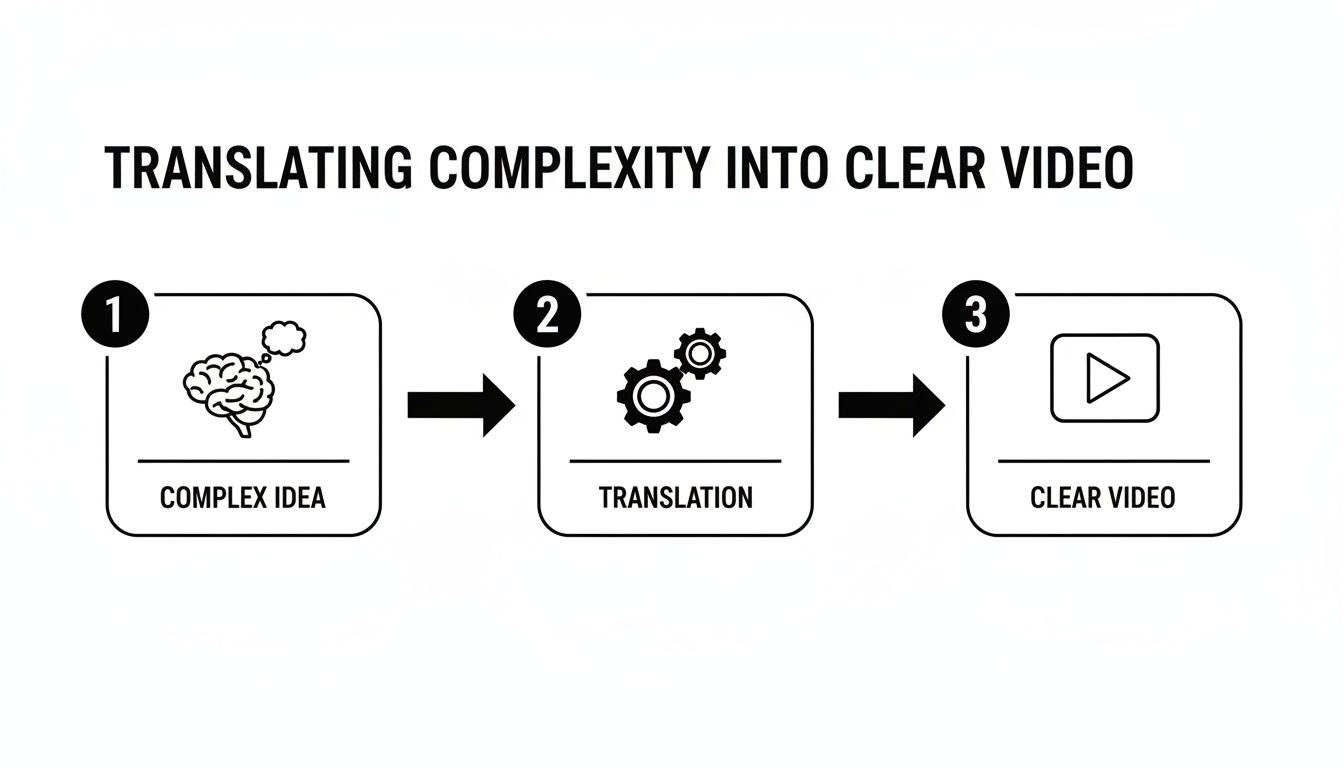 Flowchart illustrating the process of translating a complex idea into a clear video.