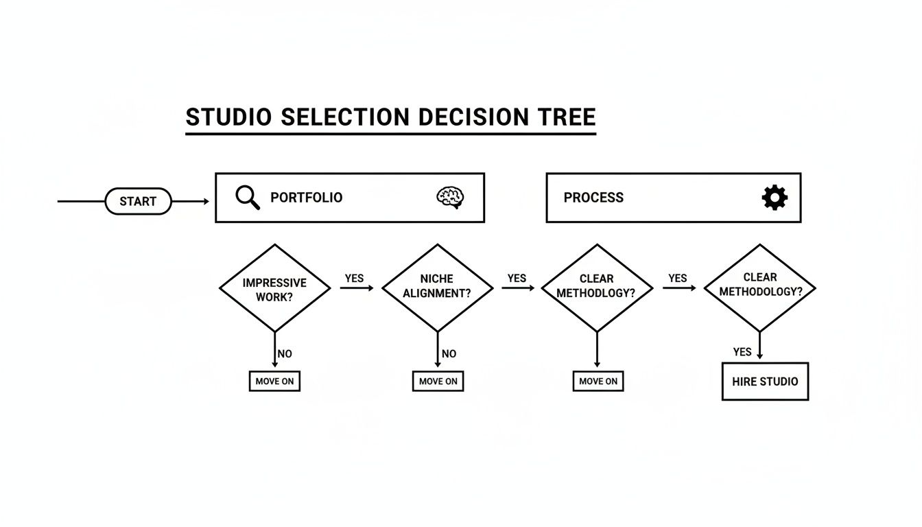 Flowchart illustrating a studio selection decision tree based on portfolio and process criteria.