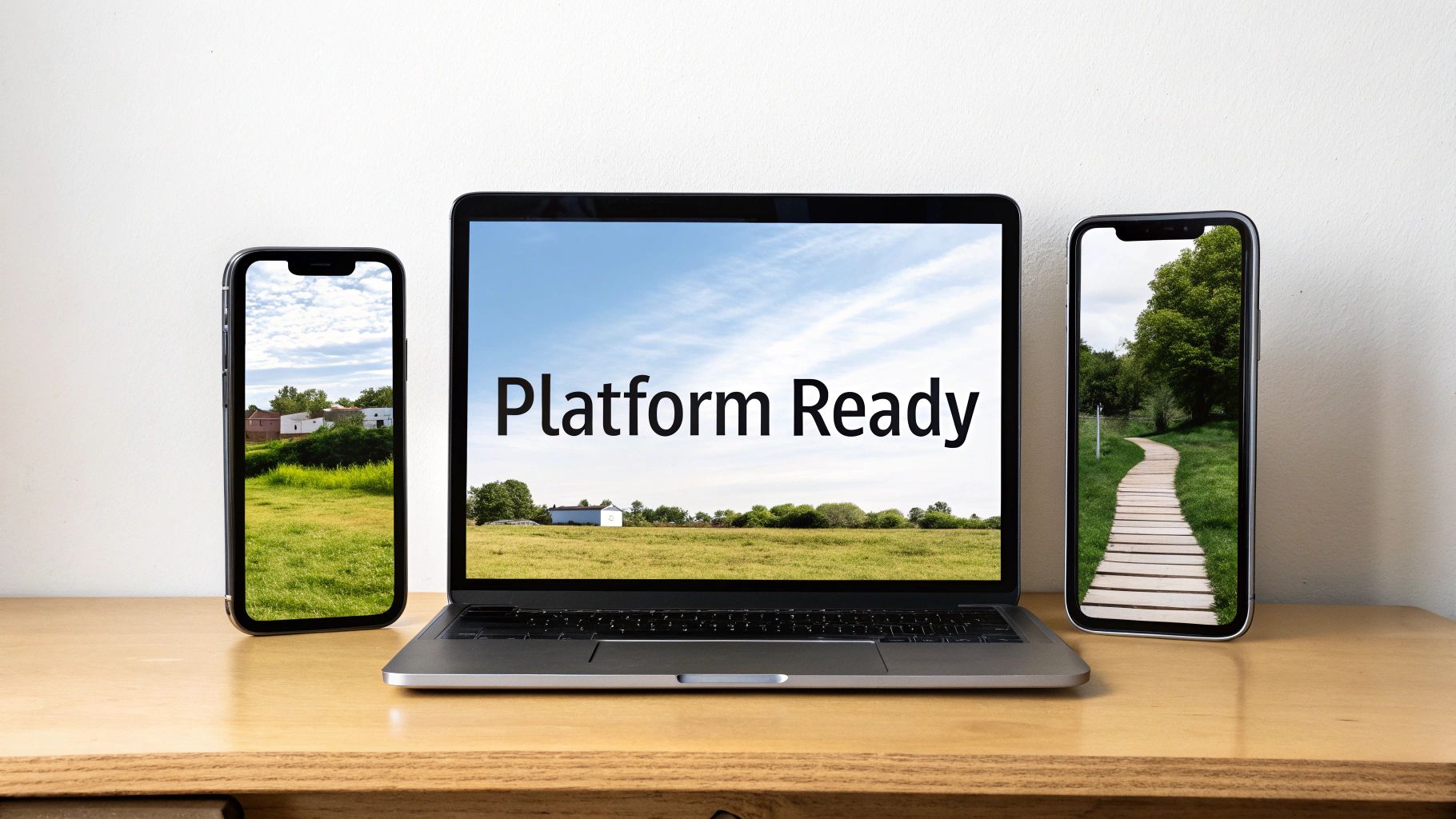 A laptop displaying 'Platform Ready' and two smartphones showing landscapes on a wooden desk.