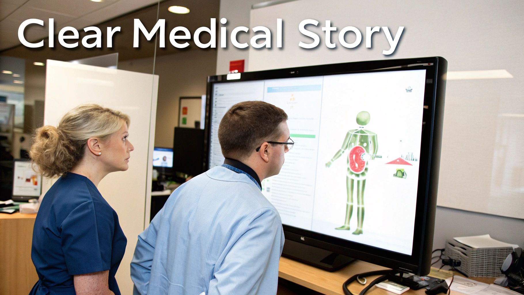 Two medical professionals observe a large screen displaying a 3D human body model for explanation.