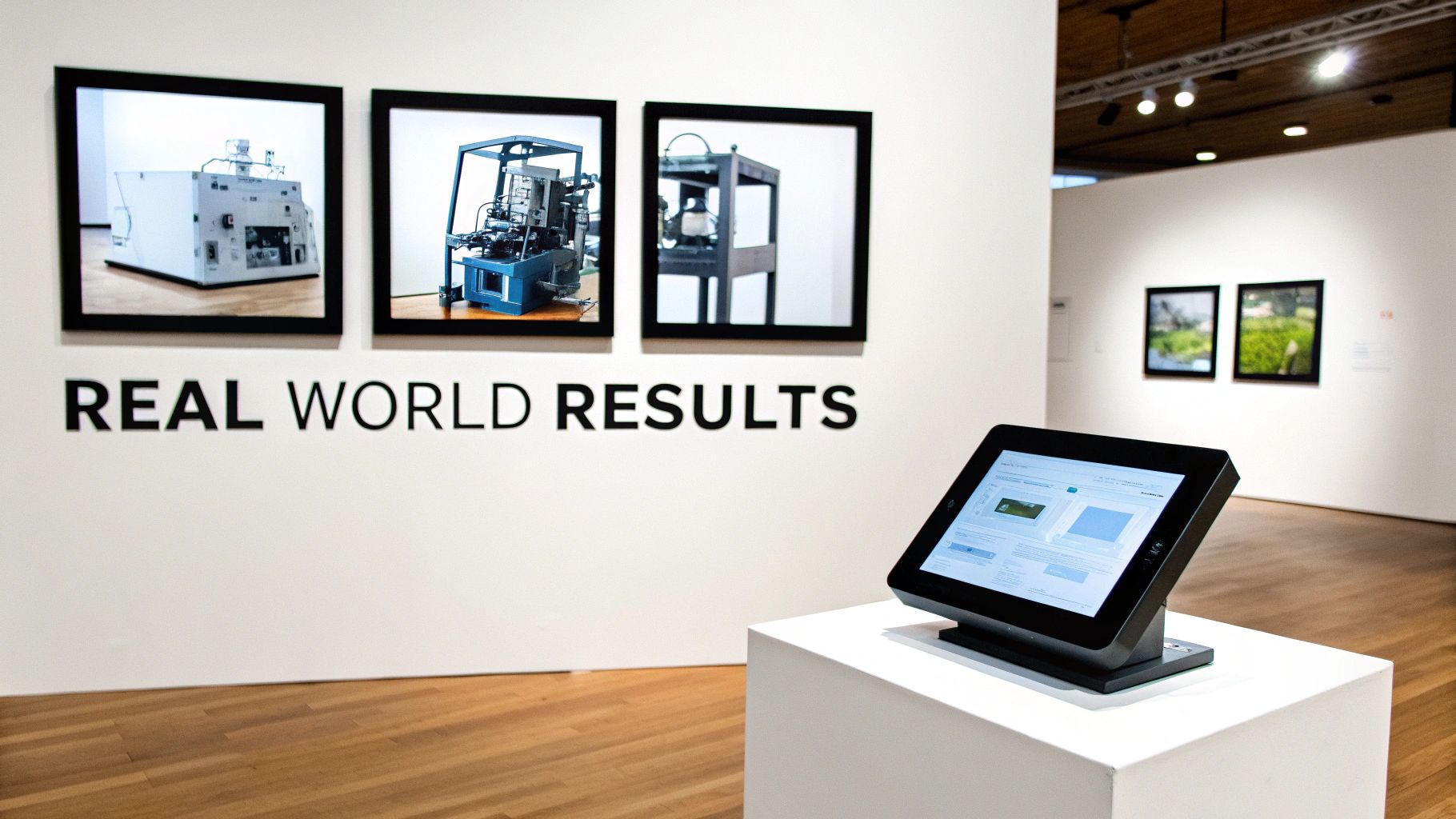 A modern exhibition display with framed photos of industrial machinery and an interactive digital touchscreen.