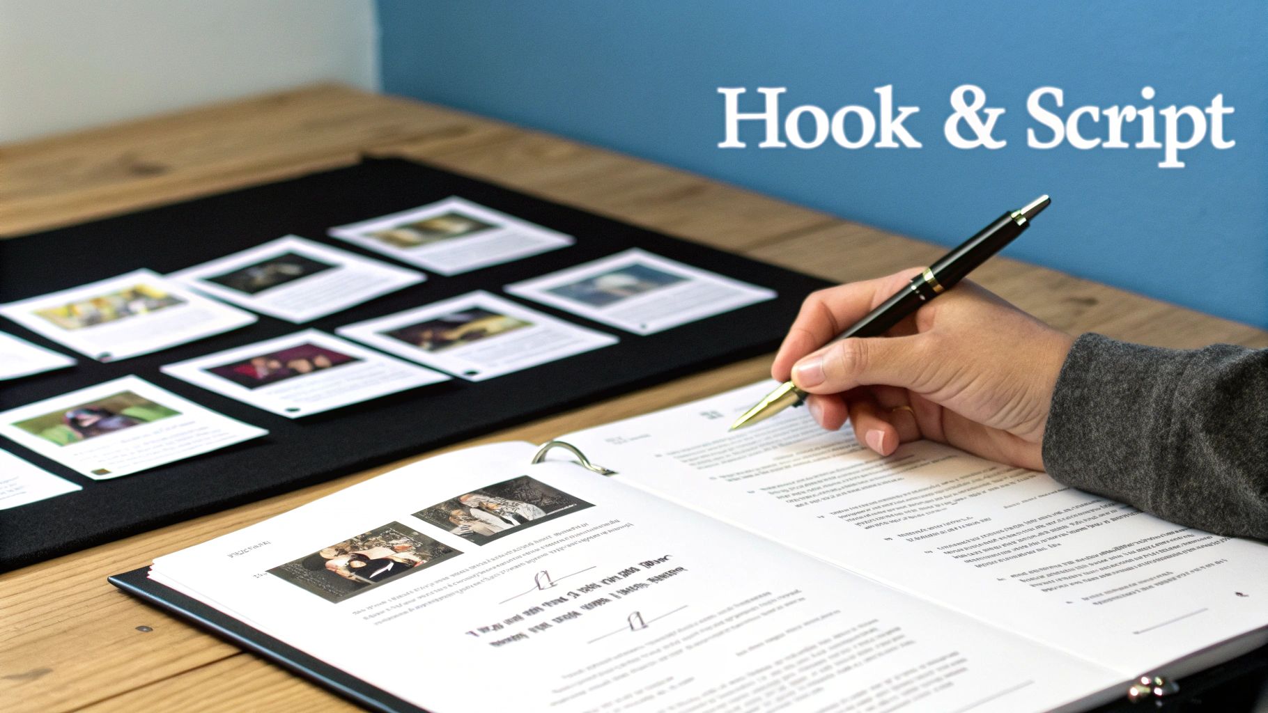 A person's hand writes in an open binder with a pen, surrounded by story cards and 'Hook & Script' text.