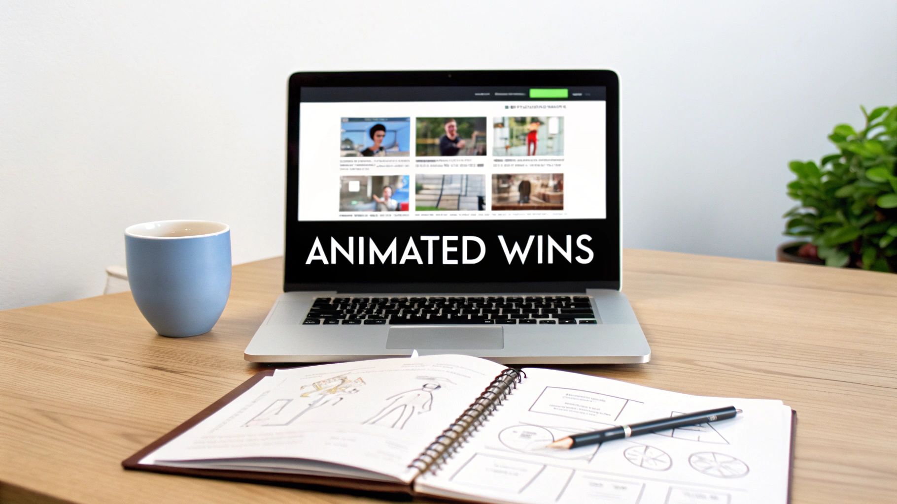 A workspace with a laptop displaying 'ANIMATED WINS', a mug, an open notebook, and a plant.
