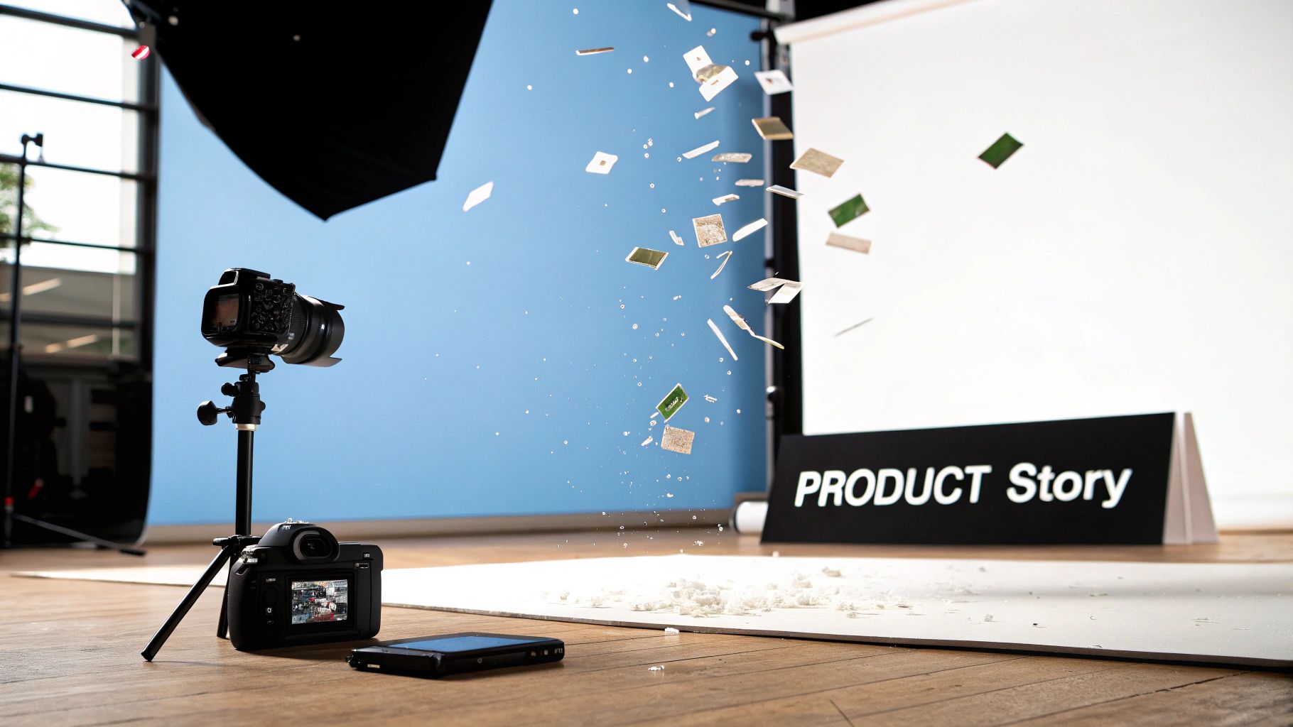 A dynamic product photography studio with cameras, a 'PRODUCT Story' sign, and electronic components in motion.