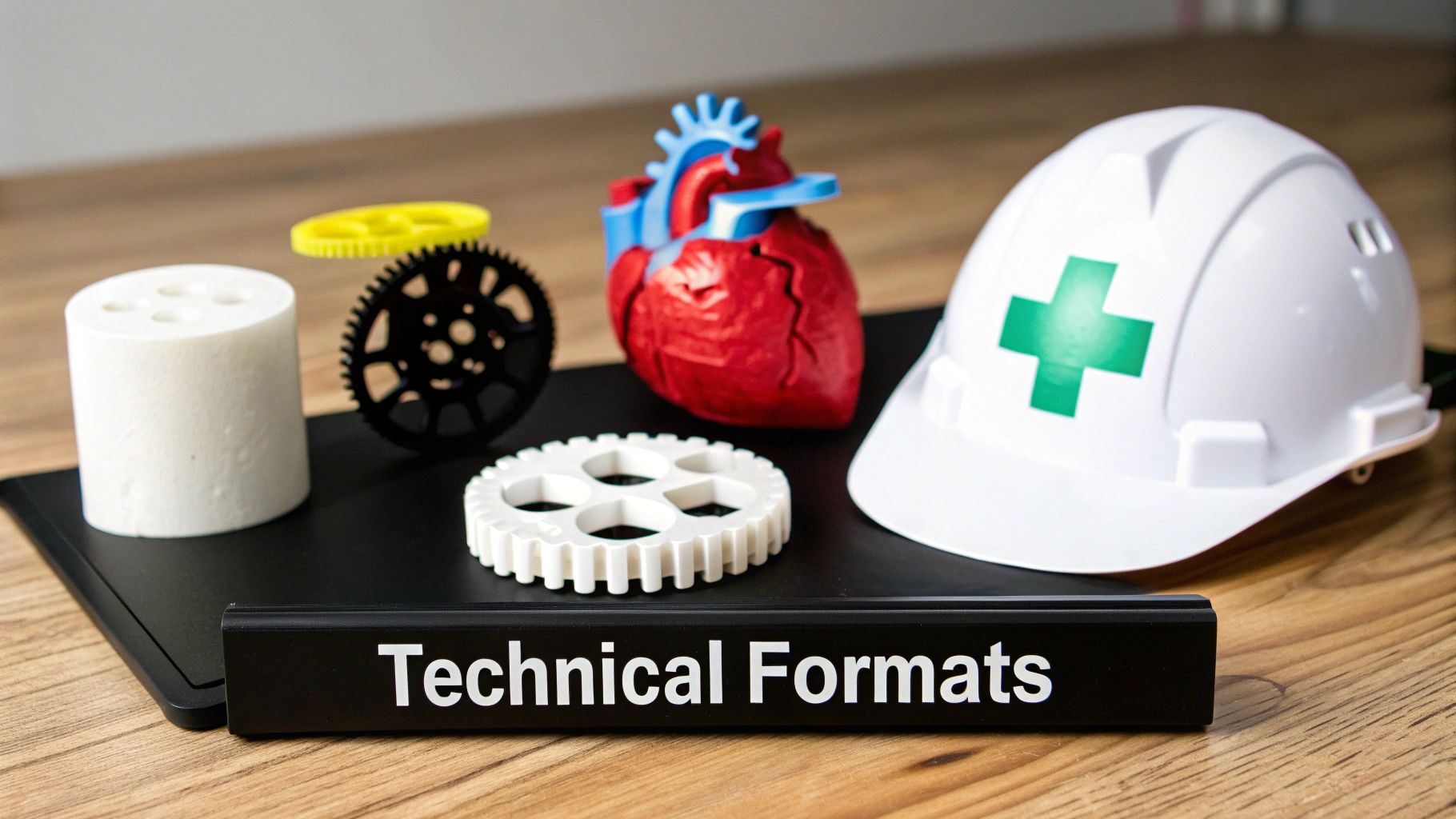 3D printed technical and medical models, gears, a safety helmet, and 'Technical Formats' sign.