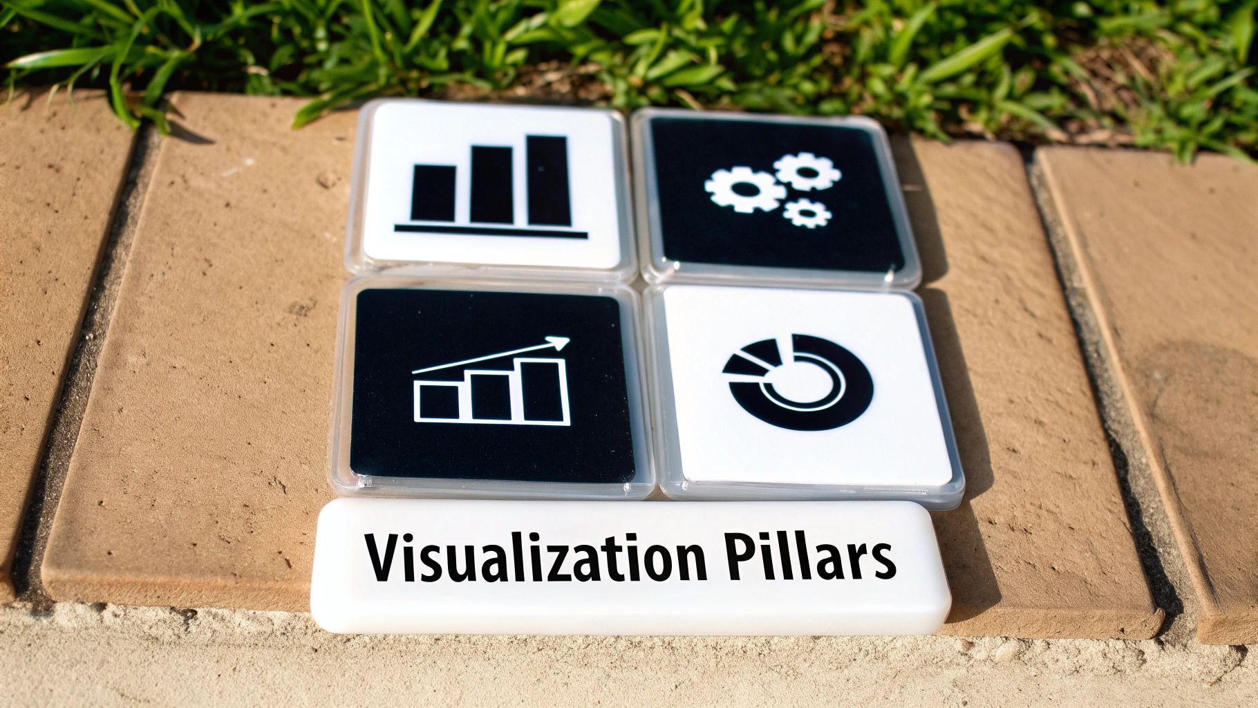 Four tiles with data visualization icons like bar charts and gears, alongside 'Visualization Pillars' text.
