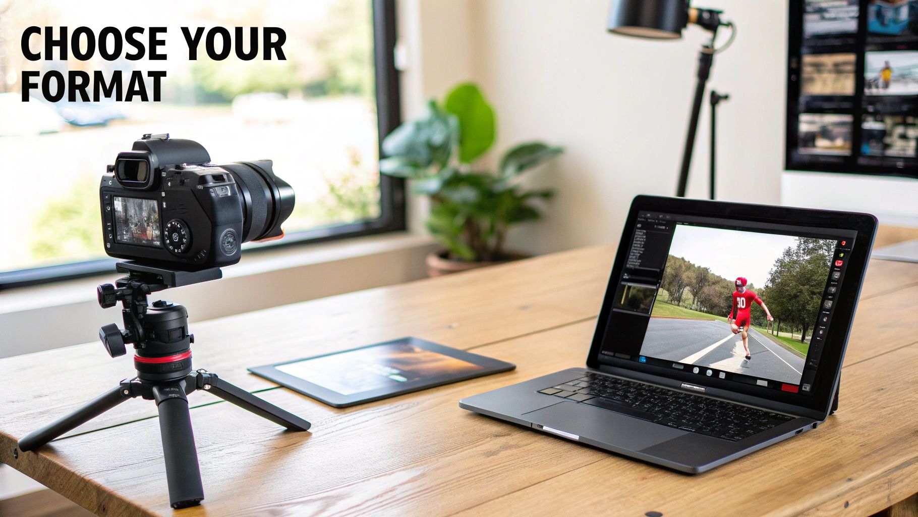 A professional camera on a tripod and a laptop displaying a video, with the text 'CHOOSE YOUR FORMAT'.