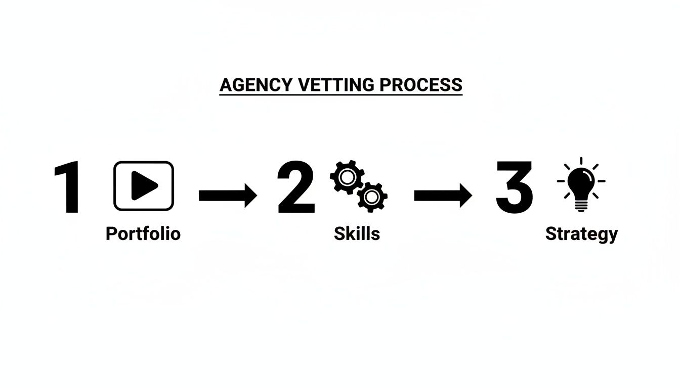 A three-step agency vetting process diagram showing Portfolio, Skills, and Strategy, connected by arrows.