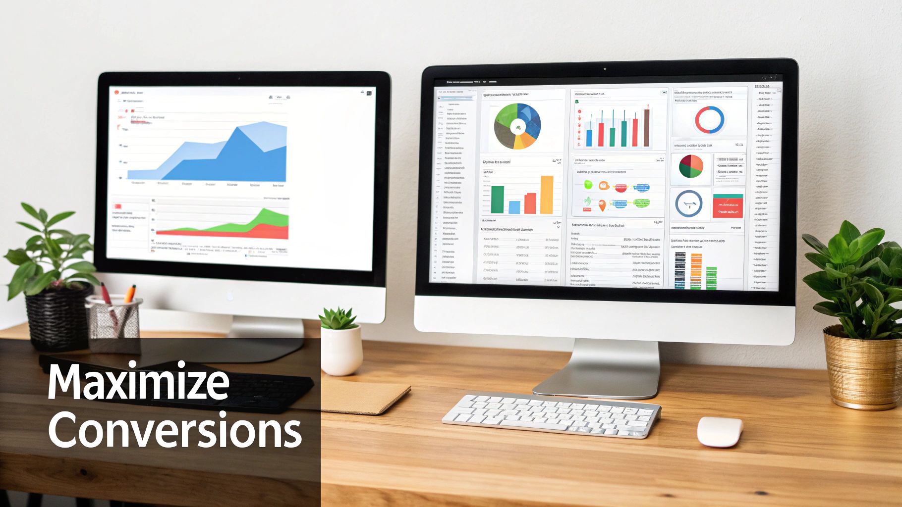 Two computer monitors on a wooden desk displaying various data dashboards and charts for business analytics.