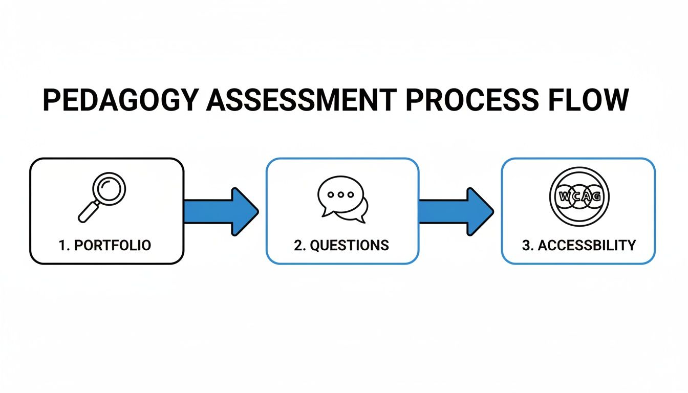 Flowchart illustrating the three-step pedagogy assessment process: portfolio review, questions, and accessibility check.