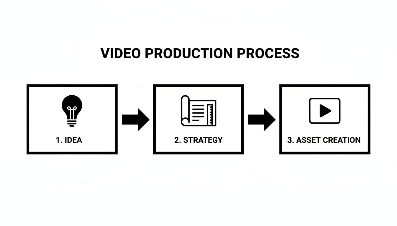 Diagram illustrating the video production process, from idea generation to strategy and asset creation.