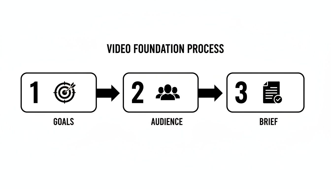 White background diagram illustrating a three-step video foundation process: goals, audience, brief.
