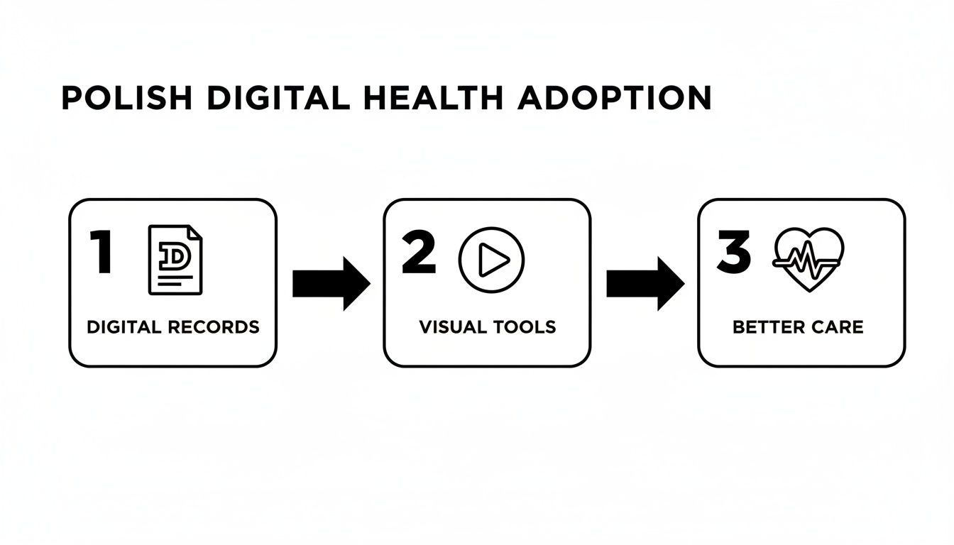 Infographic showing Polish digital health adoption steps: digital records, visual tools, leading to better care.