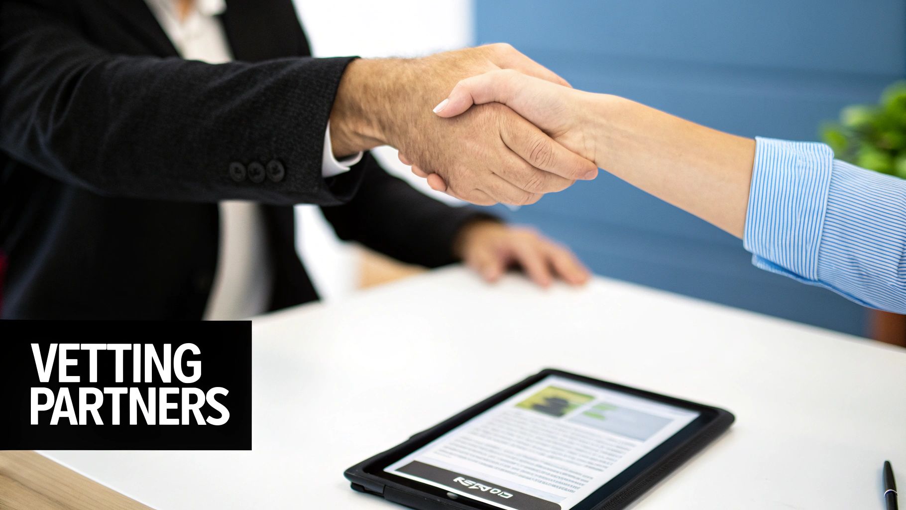 Two business people shaking hands over a table with a tablet, symbolizing partnership.
