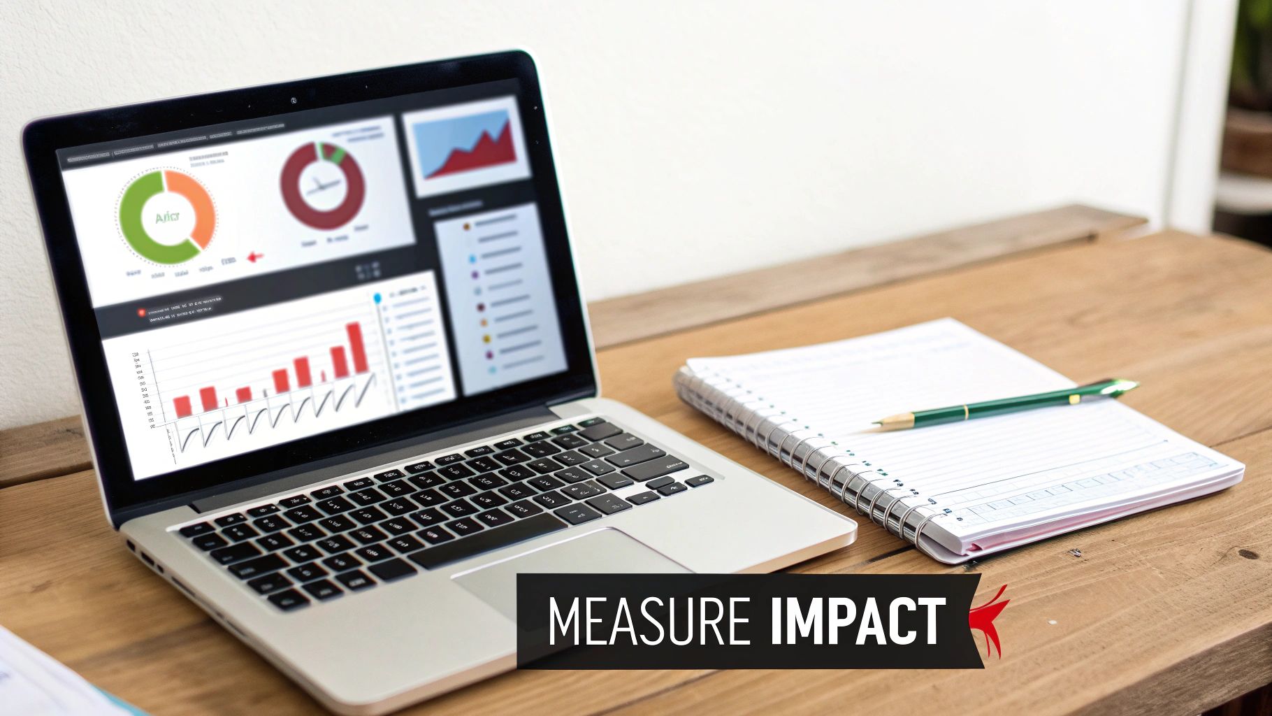 Laptop displaying data analytics charts and graphs, with a notebook and pen on a wooden table, emphasizing impact measurement.