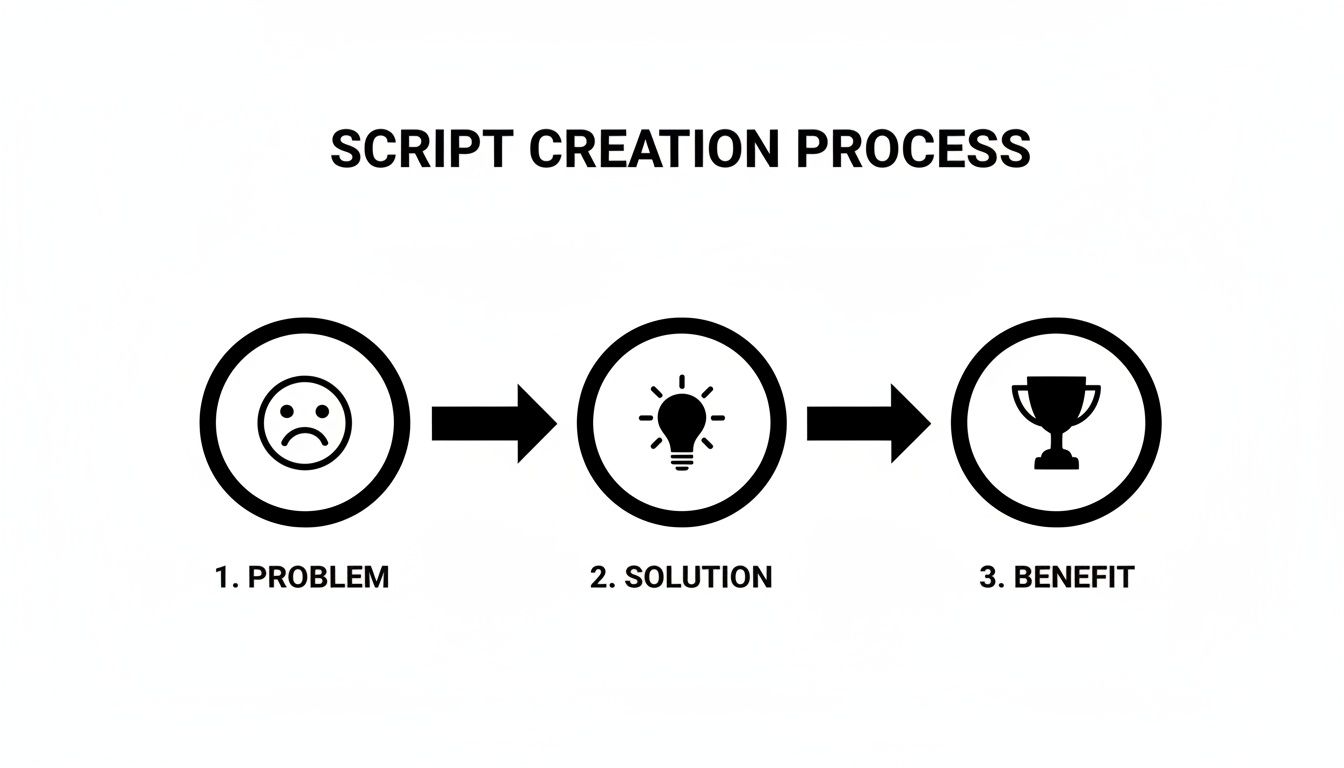 Flowchart illustrating the script creation process, moving from problem to solution and benefit.