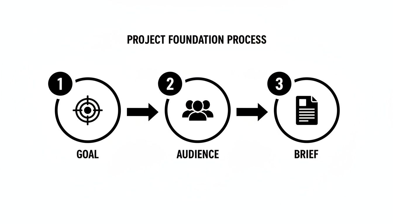 A diagram illustrates a three-step project foundation process: Goal, Audience, and Brief, connected by arrows.