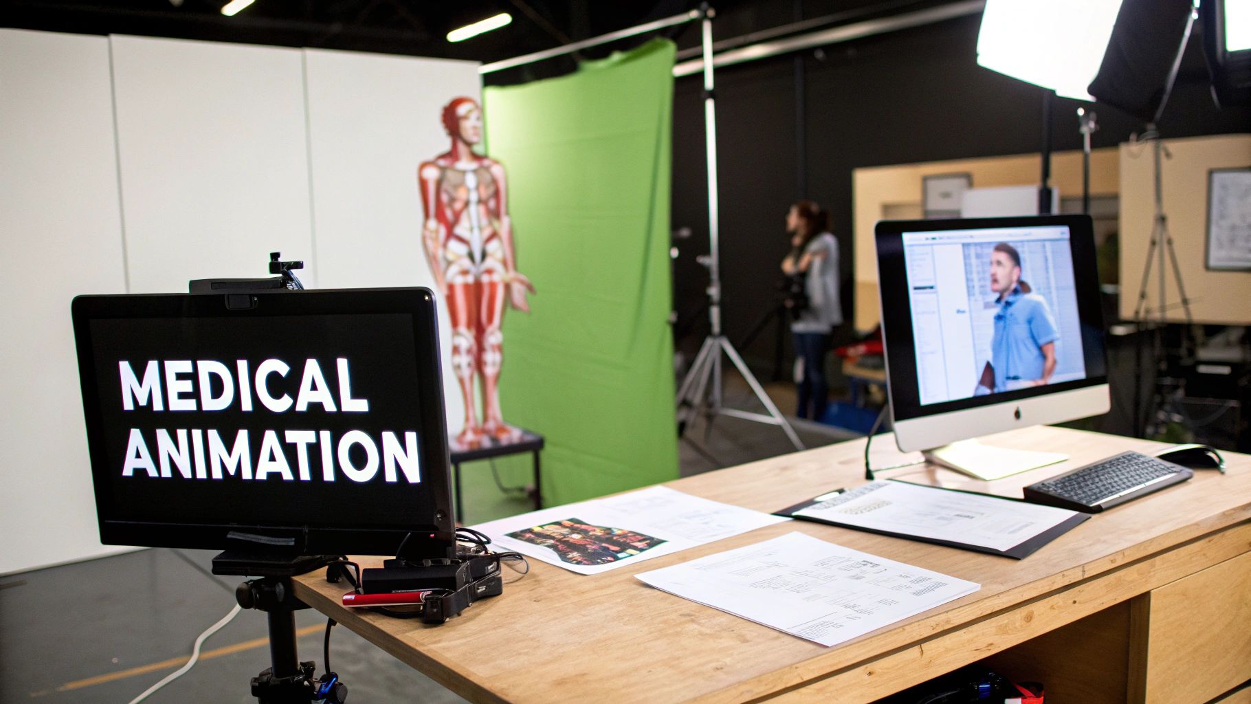 A creative studio setup for medical animation, featuring monitors, an anatomical model, and production equipment.