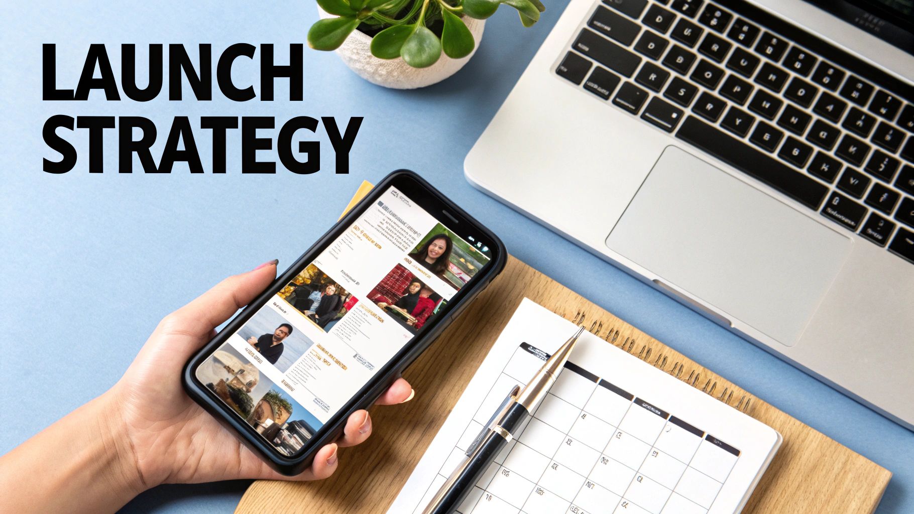 A person holds a smartphone showing profiles, next to a laptop, plant, and calendar.