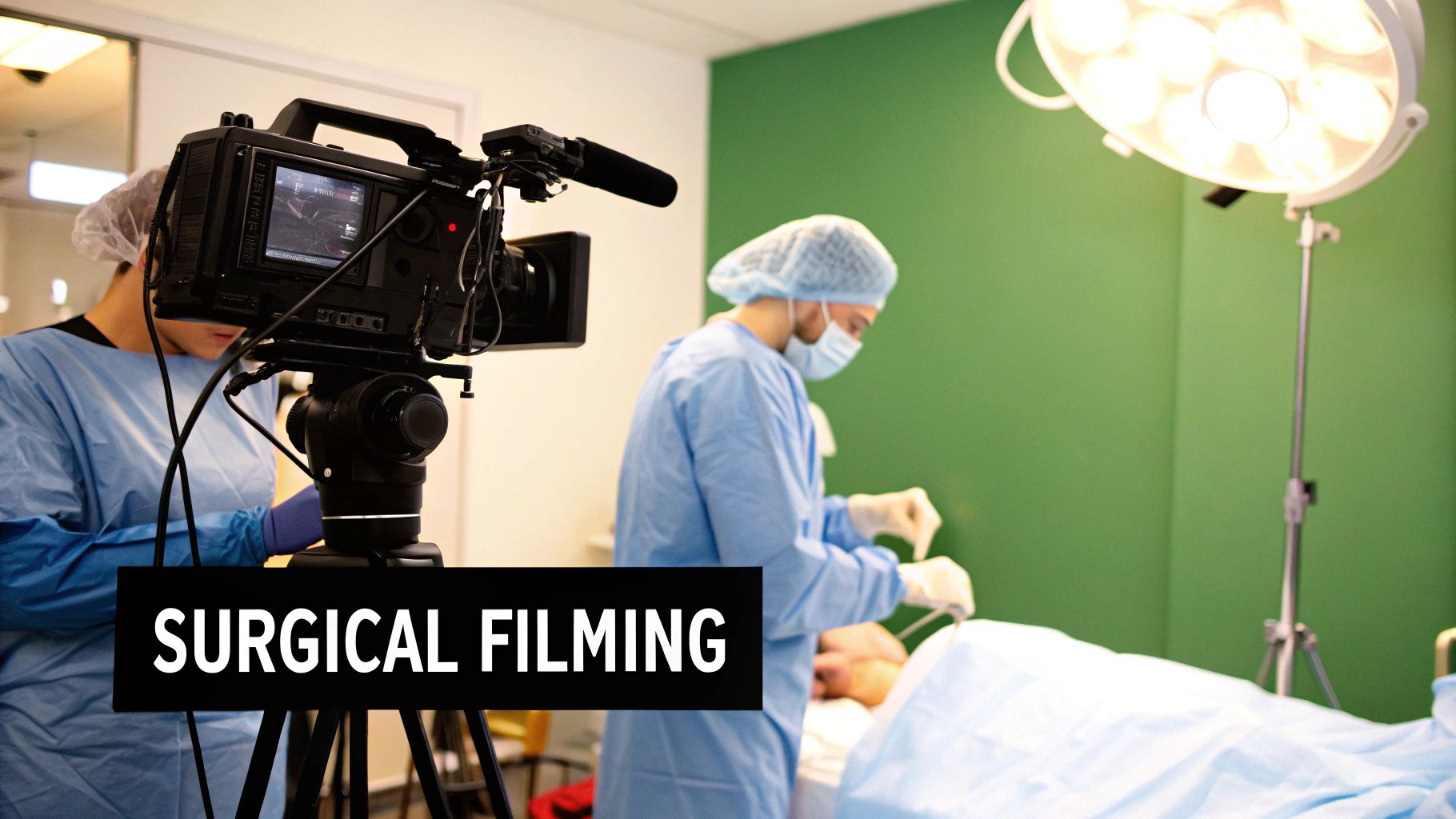 Professional video camera filming medical training or surgery with healthcare professionals and bright surgical light.