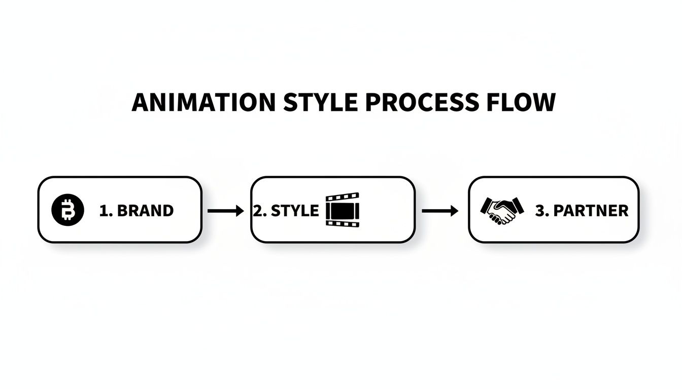 Flowchart illustrating the animation style process: Brand (Bitcoin icon), Style (clapboard icon), and Partner (handshake icon).