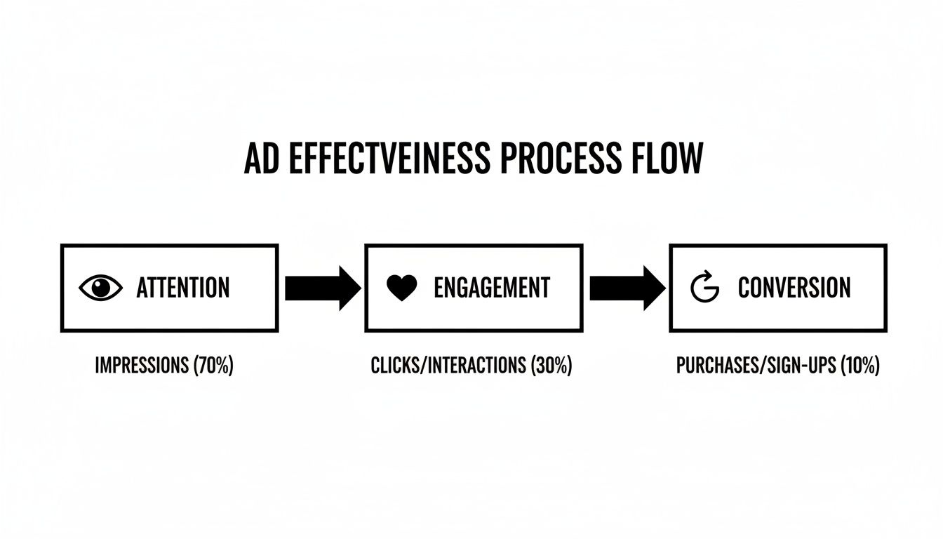 Ad effectiveness process flow illustrating attention, engagement, and conversion metrics with percentages.