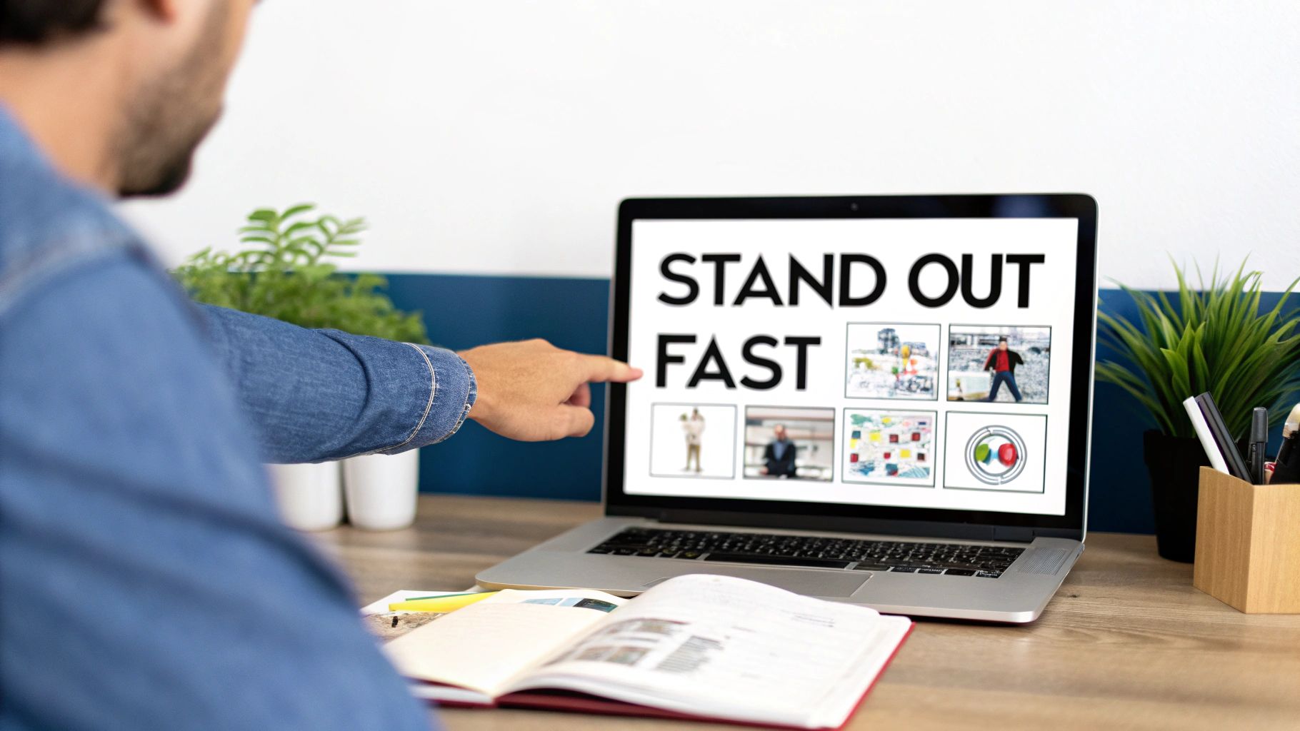 A person points at a laptop displaying 'STAND OUT FAST' and various images, suggesting digital content creation.