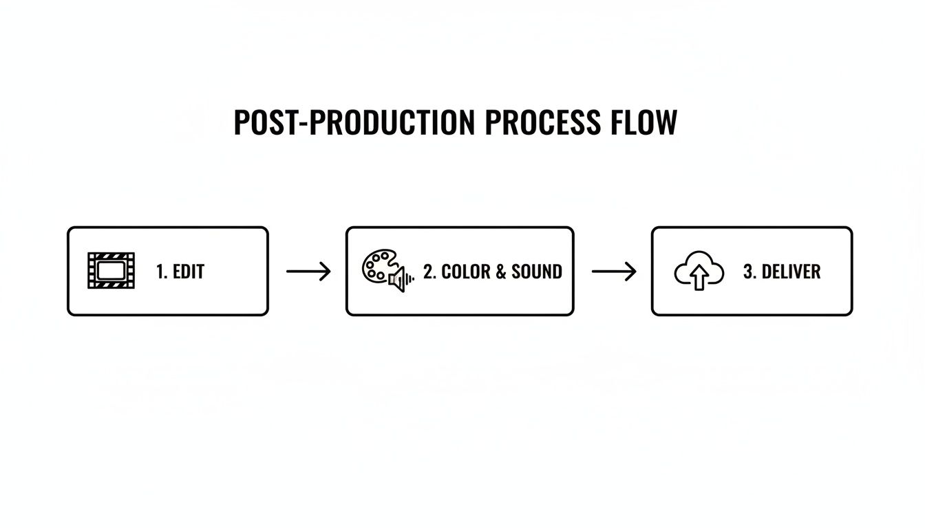 A clear process flow illustrating the three main steps of post-production: edit, color and sound, and deliver.