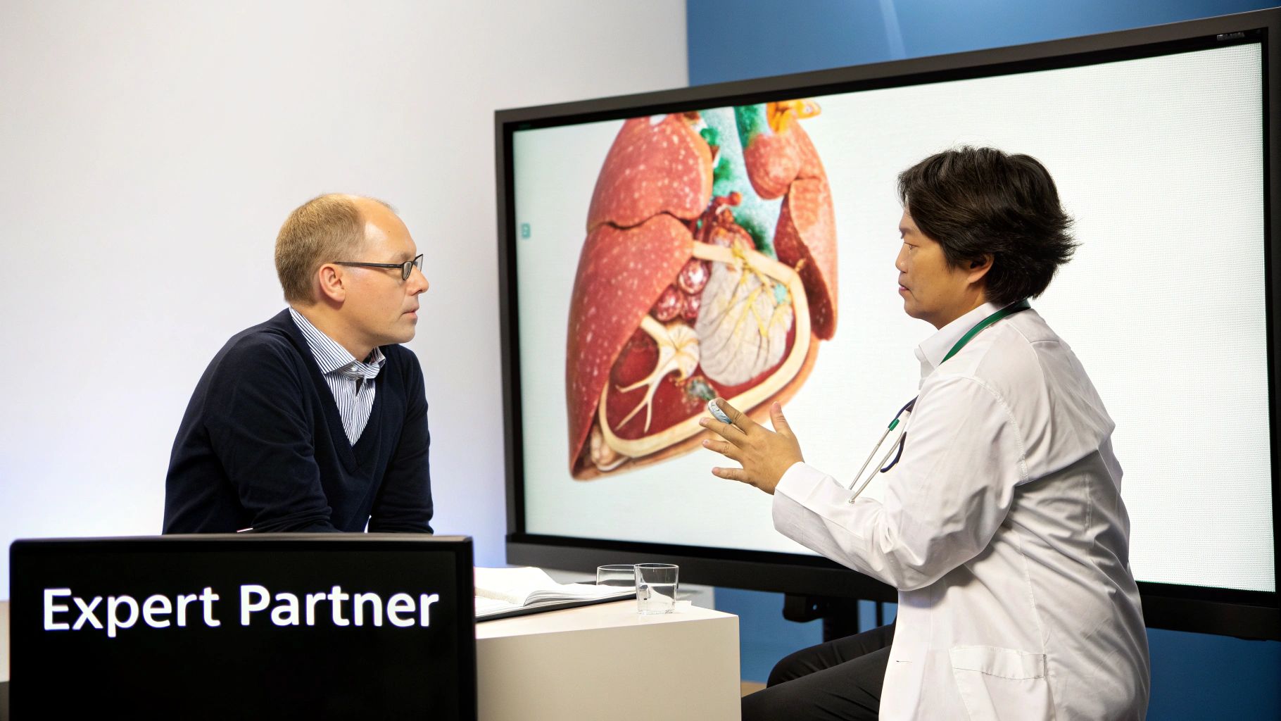 Two professionals, including a doctor, discussing human anatomy displayed on a large screen.