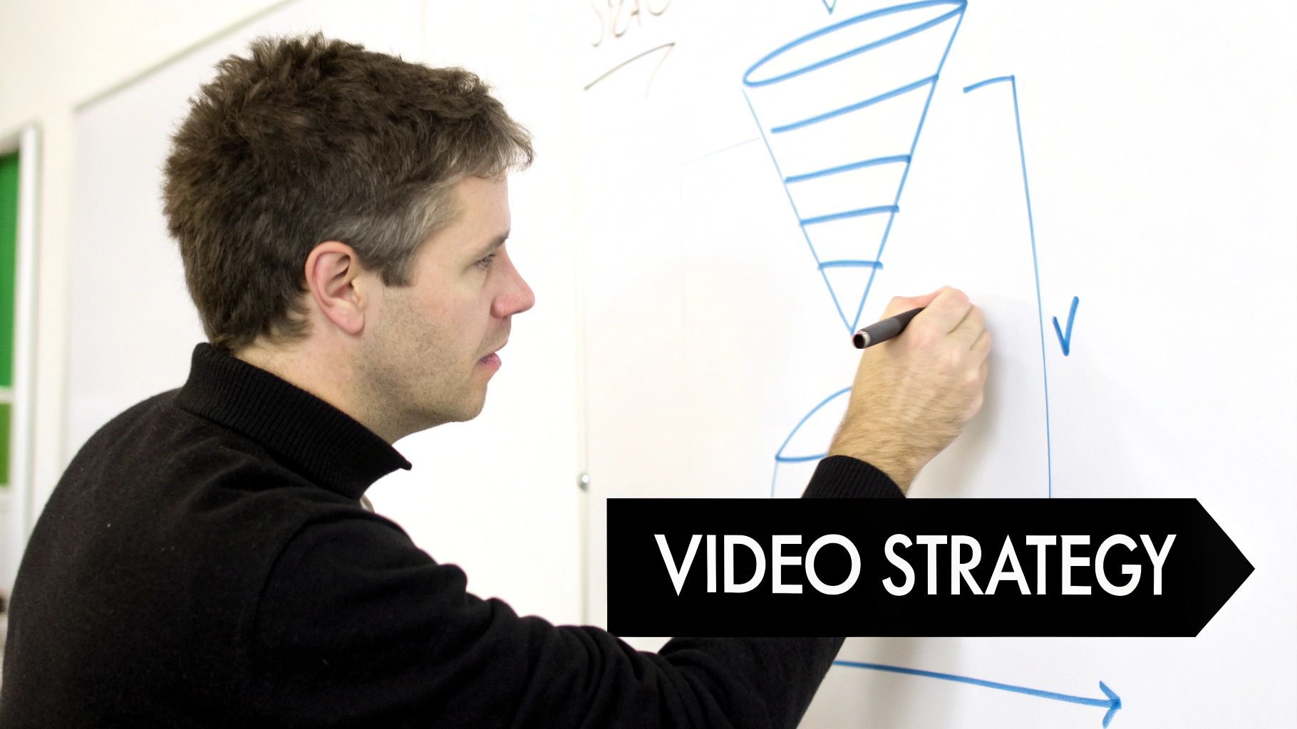 Man in a black turtleneck drawing a sales funnel diagram on a whiteboard with 'Video Strategy' text overlay.