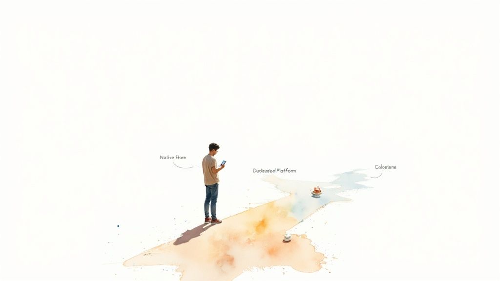 Person using phone to navigate between native store, dedicated platform, and Calpstone subscription services