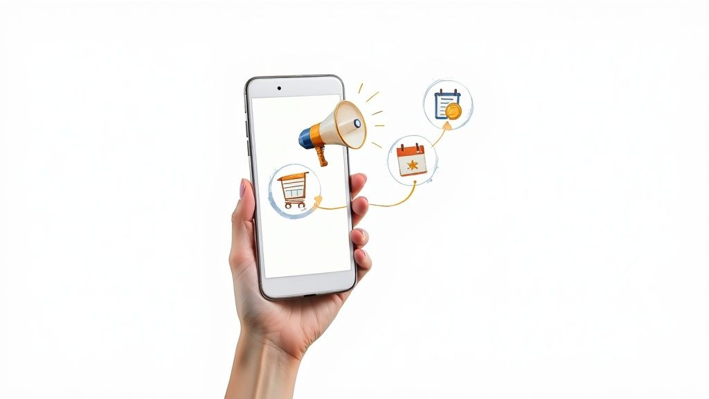 Illustration of various app monetization strategies surrounding a smartphone.