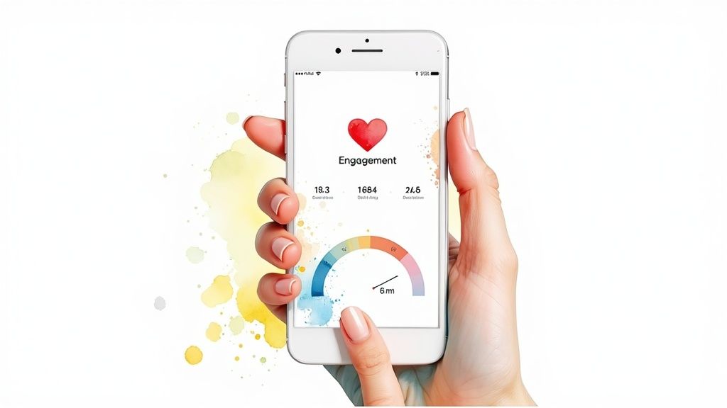 A person happily engaging with a mobile app on their phone, surrounded by charts showing positive engagement metrics.