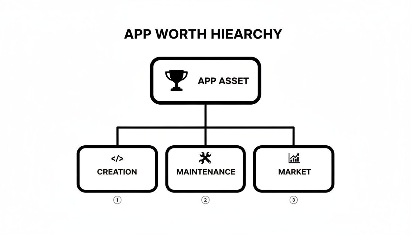 A hierarchy diagram titled 'App Worth Hierarchy' showing App Asset at the top, leading to Creation, Maintenance, and Market.