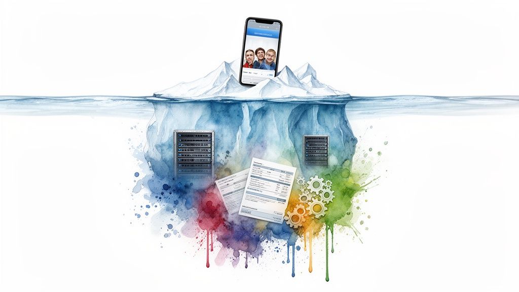 Smartphone app on an iceberg, with hidden servers, documents, and gears underwater symbolizing backend complexity.