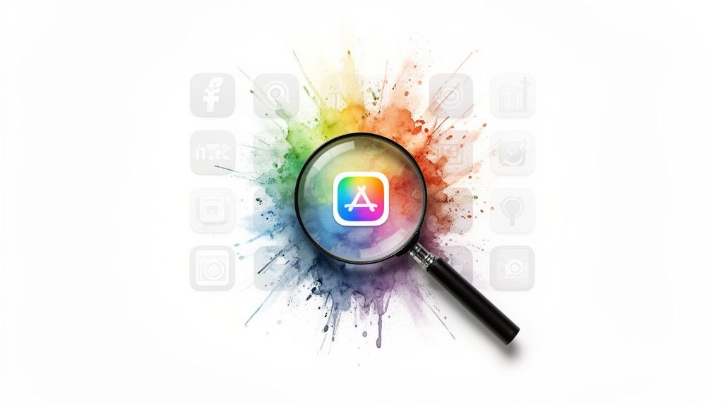 Magnifying glass focusing on a colorful App Store icon, surrounded by abstract app icons.