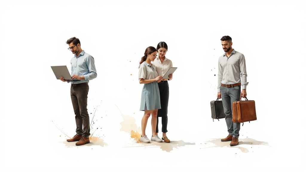 Professional business people collaborating with laptops and carrying briefcases in modern workplace setting