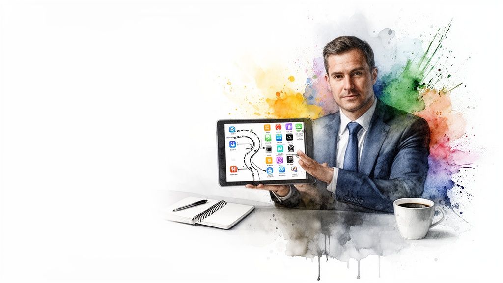Professional man presenting mobile app ecosystem on a tablet with colorful watercolor art.
