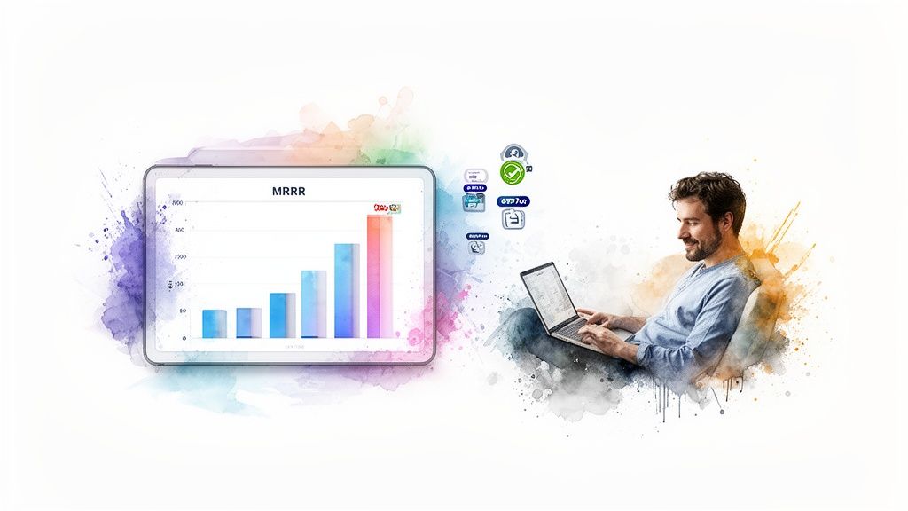 A man uses a laptop next to a tablet displaying an MRRR bar chart and business icons.