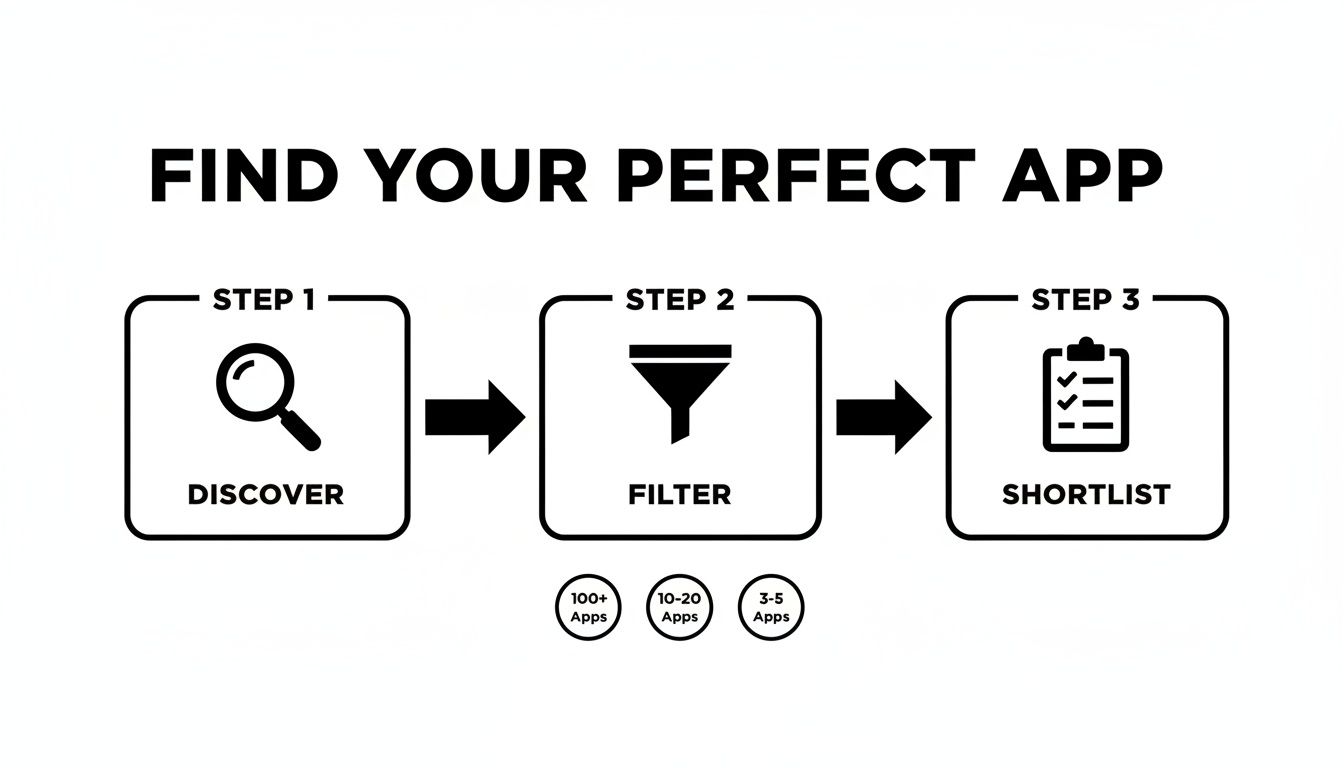 Three-step process diagram illustrating how to find an app: Discover, Filter, and Shortlist.