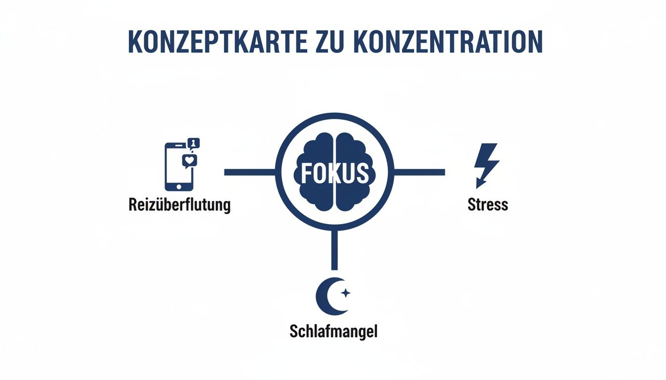 Konzeptkarte zur Konzentration, die Reizüberflutung, Stress und Schlafmangel als Einflussfaktoren auf den Fokus zeigt.