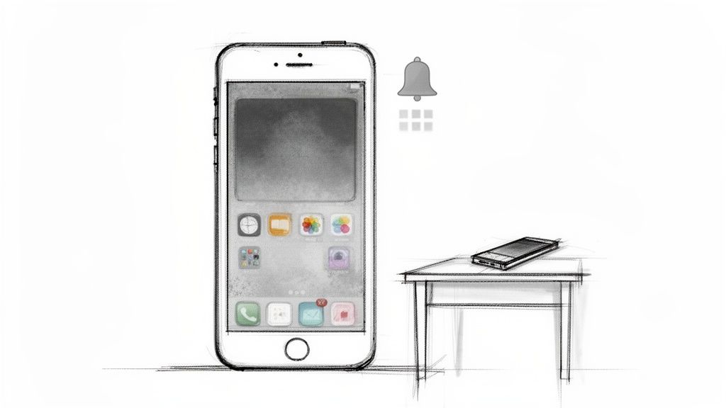 Eine skizzierte Darstellung eines Smartphones mit Apps und einem Benachrichtigungssymbol, daneben ein Tisch mit einem liegenden Handy.