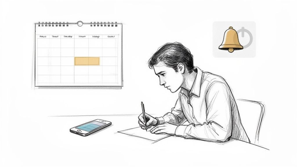 Ein Mann schreibt konzentriert an einem Tisch, daneben ein Kalender, Smartphone und eine Alarmglocke.